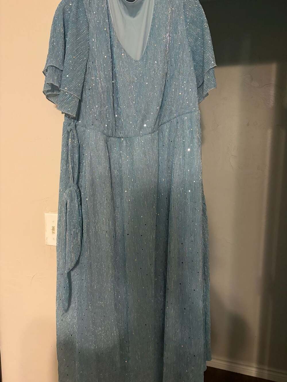 BloomChic Plus Size Dusty Blue Glitter Metallic Flutter Sleeve Maxi Dress